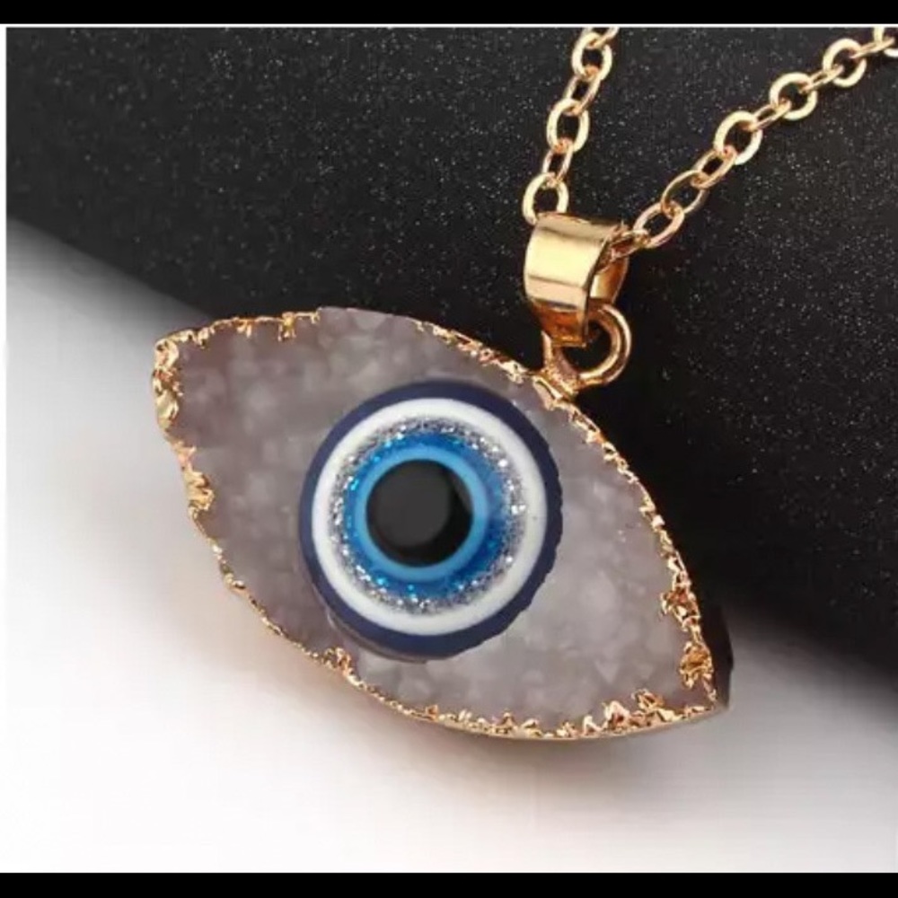 🆕 Blue Evil Eye Druzy Stone Necklace Quartz - Picture 5 of 9